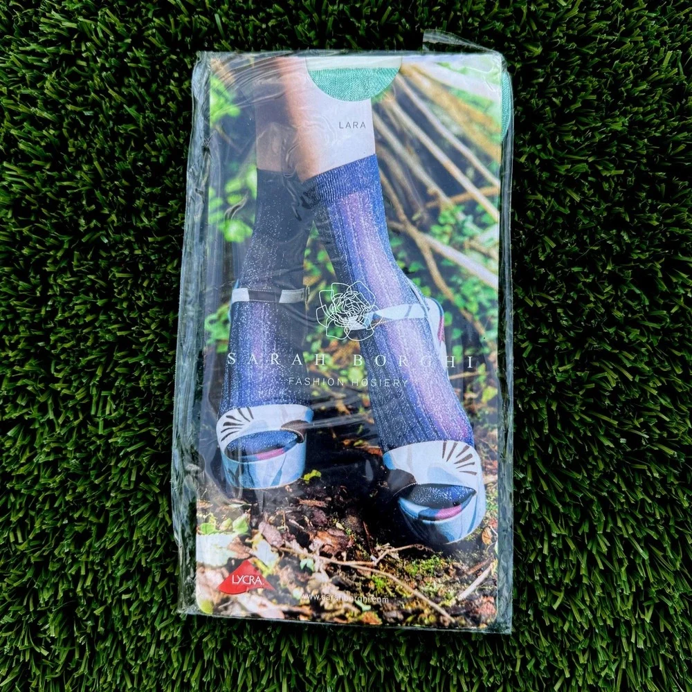 Sarah Borghi Lara‎ Calzino Ankle High Teal Sheer Glittery Sparkle Socks M